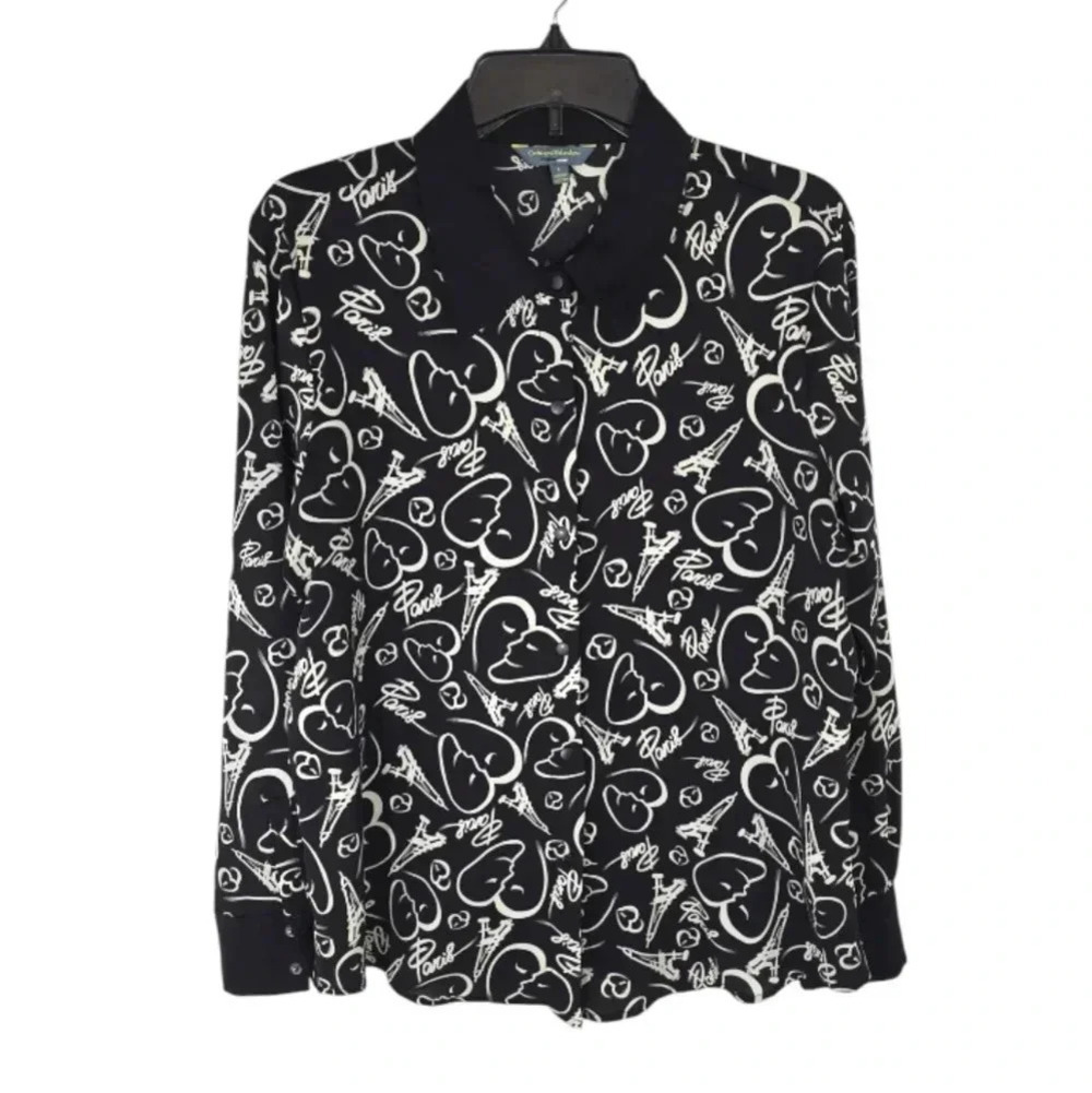 {Catherine Malandrino} Women's Paris Print Button Down Blouse - Size Large